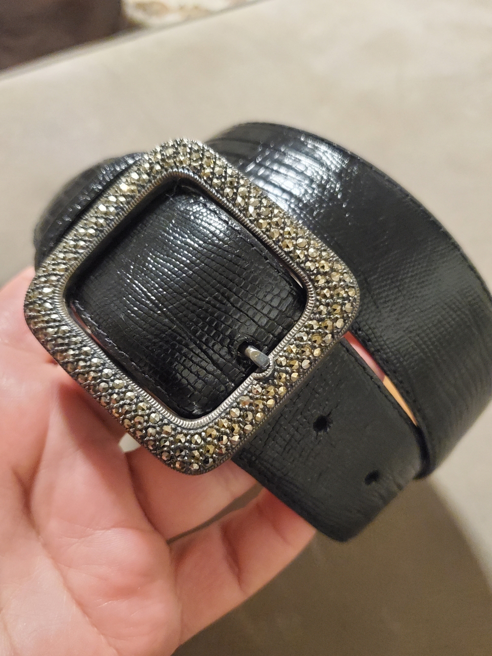Judith Jack Black Calfskin Leather Belt with Marcasite Buckle Rare Sz S
